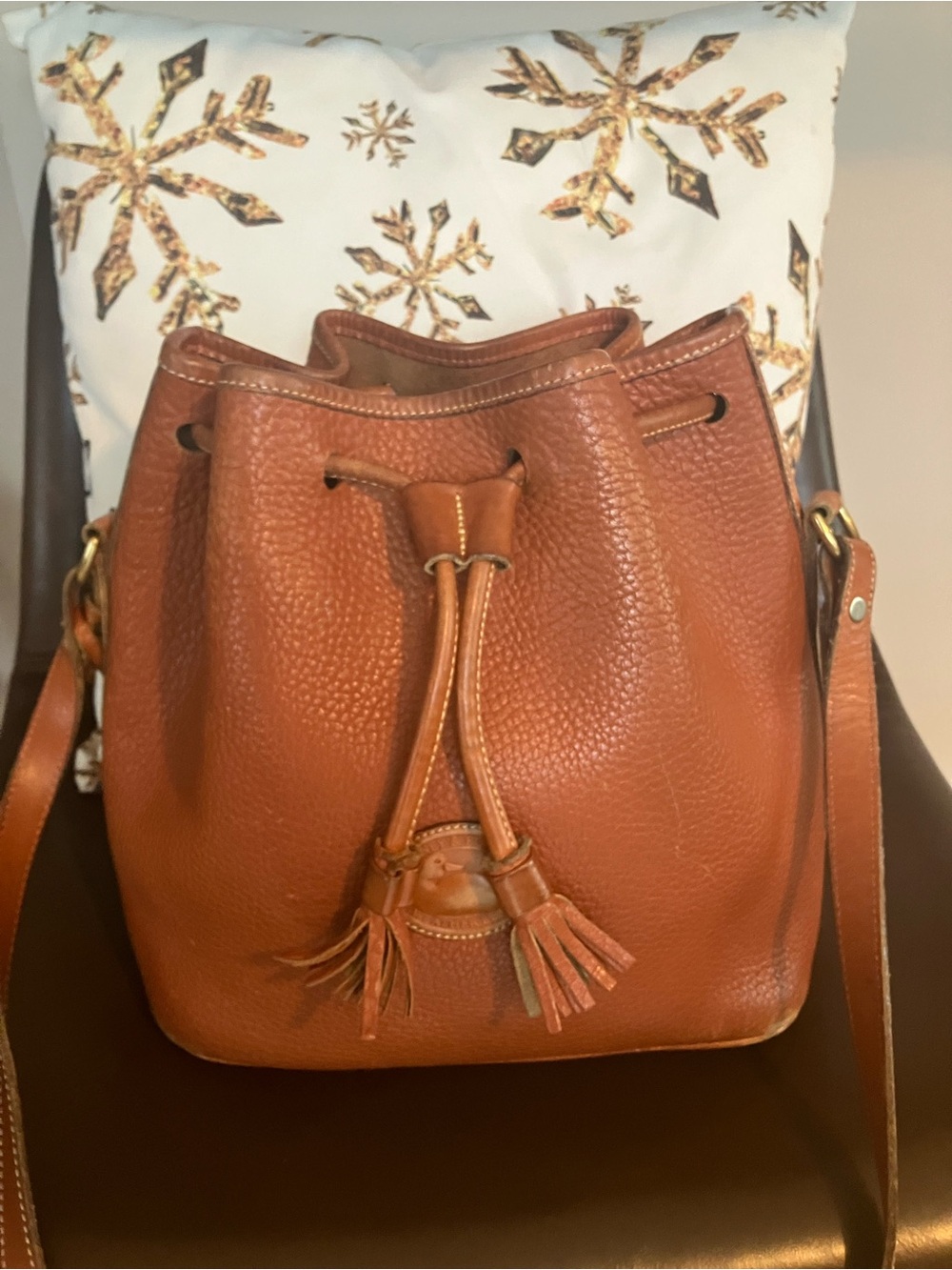 Dooney & Bourke Cognac Pebbled Leather Drawstring Bucket Bag
